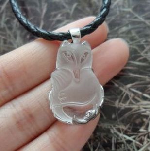 手工银 曼谷银 镀白金天然白水晶灵狐好运吊坠3.4cm 925纯银 泰银