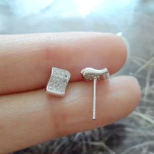 泰银纯925银手工银曼谷镀白金璀璨白晶满钻波浪耳钉女特价
