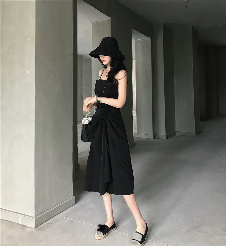 Available with payment for goods, real price, pleated suspender dress, retro French minority Chiffon mid long suspender skirt