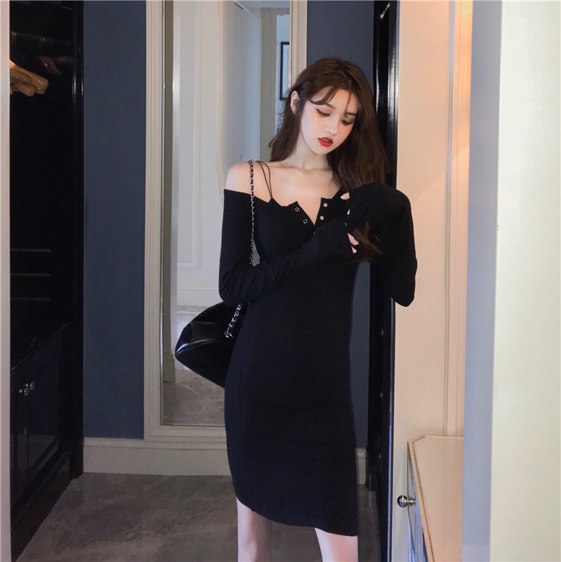 Real shot real price early spring thin off shoulder sexy slim bag hip skirt high waist slim long sleeve medium length T-shirt