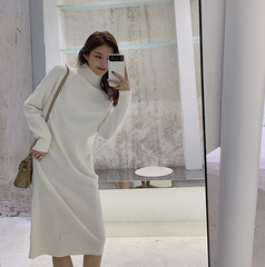 Real price black high collar knitted dress women's autumn and winter thickened loose medium length sweater skirt