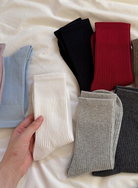 山野菊花“秋冬黑色袜子女纯棉中筒袜外穿潮纯色ins长袜韩版百搭