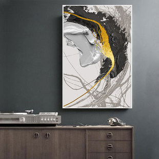 抽象油画布面黑白金箔画现代金山玄关挂画客厅走廊竖版 饰画 落地装