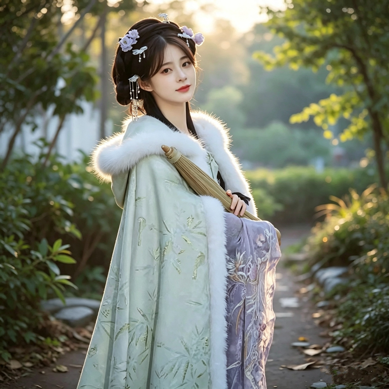 汉服女长斗篷加绒加厚披肩外套中国风古装保暖古风毛领披风秋冬季