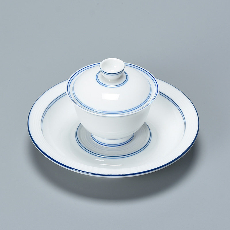 清宫高足三才盖碗单个茶杯白瓷泡茶碗不烫手无托高脚双线青花茶具