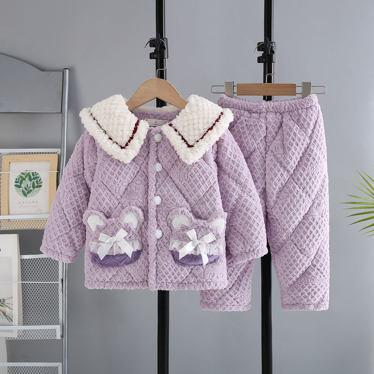 儿童夹棉睡衣套装牛奶绒加厚加绒女童家居服宝宝保暖冬季家居服