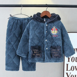 奥特曼三层夹棉儿童睡衣套装 冬季带帽加厚加绒小男孩男童家居服