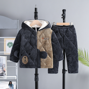 拉链款带帽三层夹棉男童睡衣 冬季保暖牛奶绒加厚儿童家居服套装