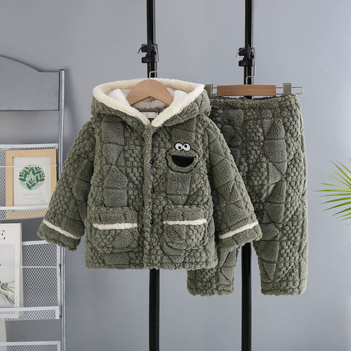 男童冬季夹棉睡衣卡通连帽宝宝睡衣三层加厚法兰绒儿童家居服套装