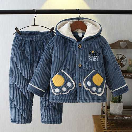 带帽三层夹棉冬季珊瑚绒家居服