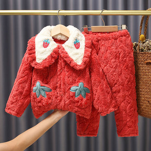 冬季女童加厚夹棉家居服套装 卡通女孩粉色法兰绒夹棉厚睡衣