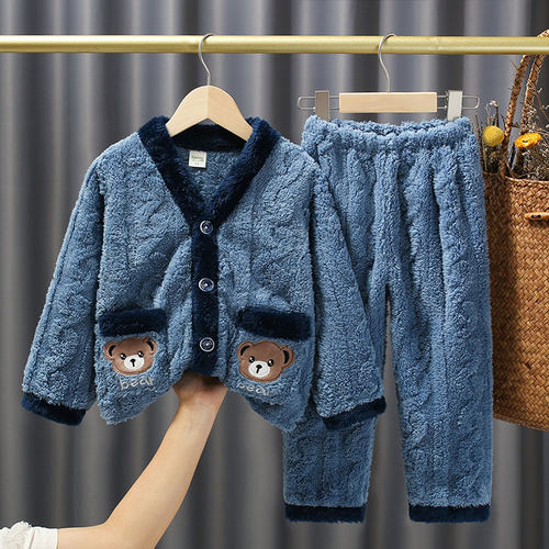 韩版秋冬季儿童法兰绒睡衣套装