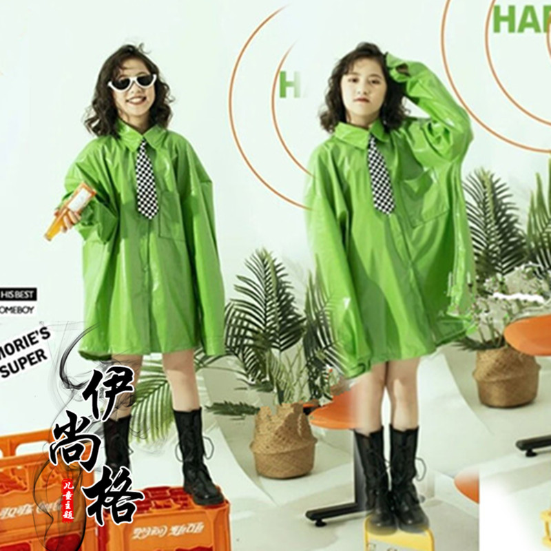 潮童舞台走秀大赛绿色皮衣裙女童演出服模特T台比赛表演儿童服装