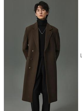 w2x秋冬季加厚平驳领垫肩一字袋装饰长款羊毛呢大衣男中长款外套