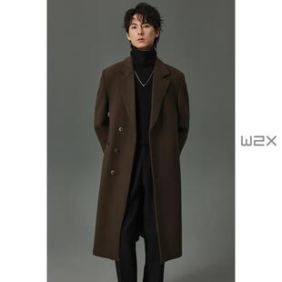 w2x秋冬季 饰长款 羊毛呢大衣男中长款 外套 加厚平驳领垫肩一字袋装
