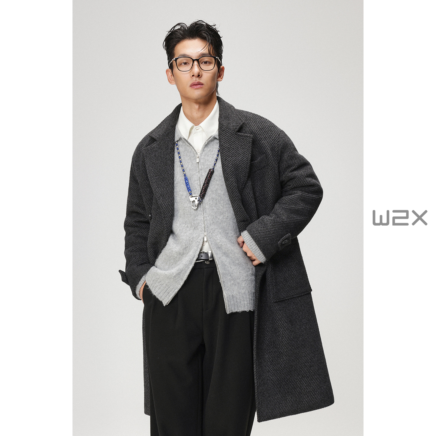 加厚斜纹落肩羊毛呢大衣中长款