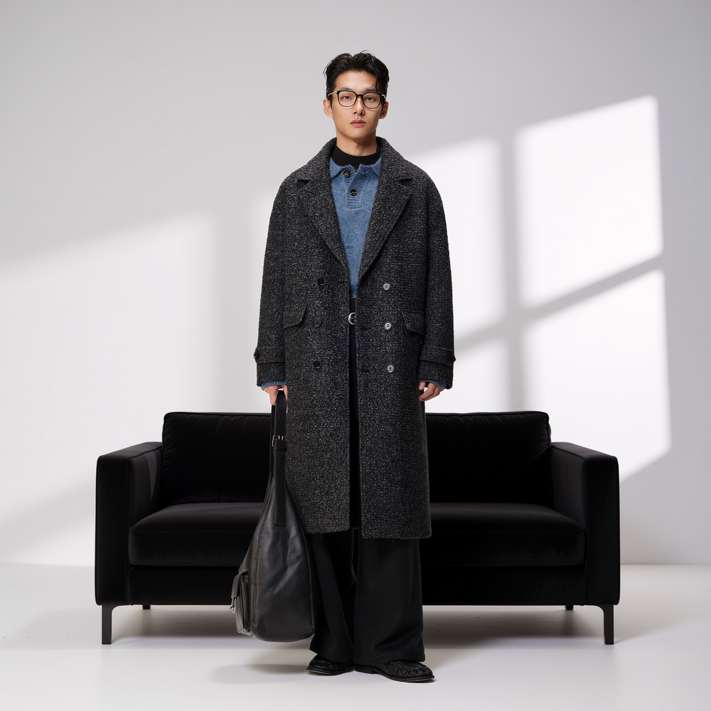 w2x秋冬季新款针织羊毛外套男士中长款风衣加厚西装大衣双面呢子