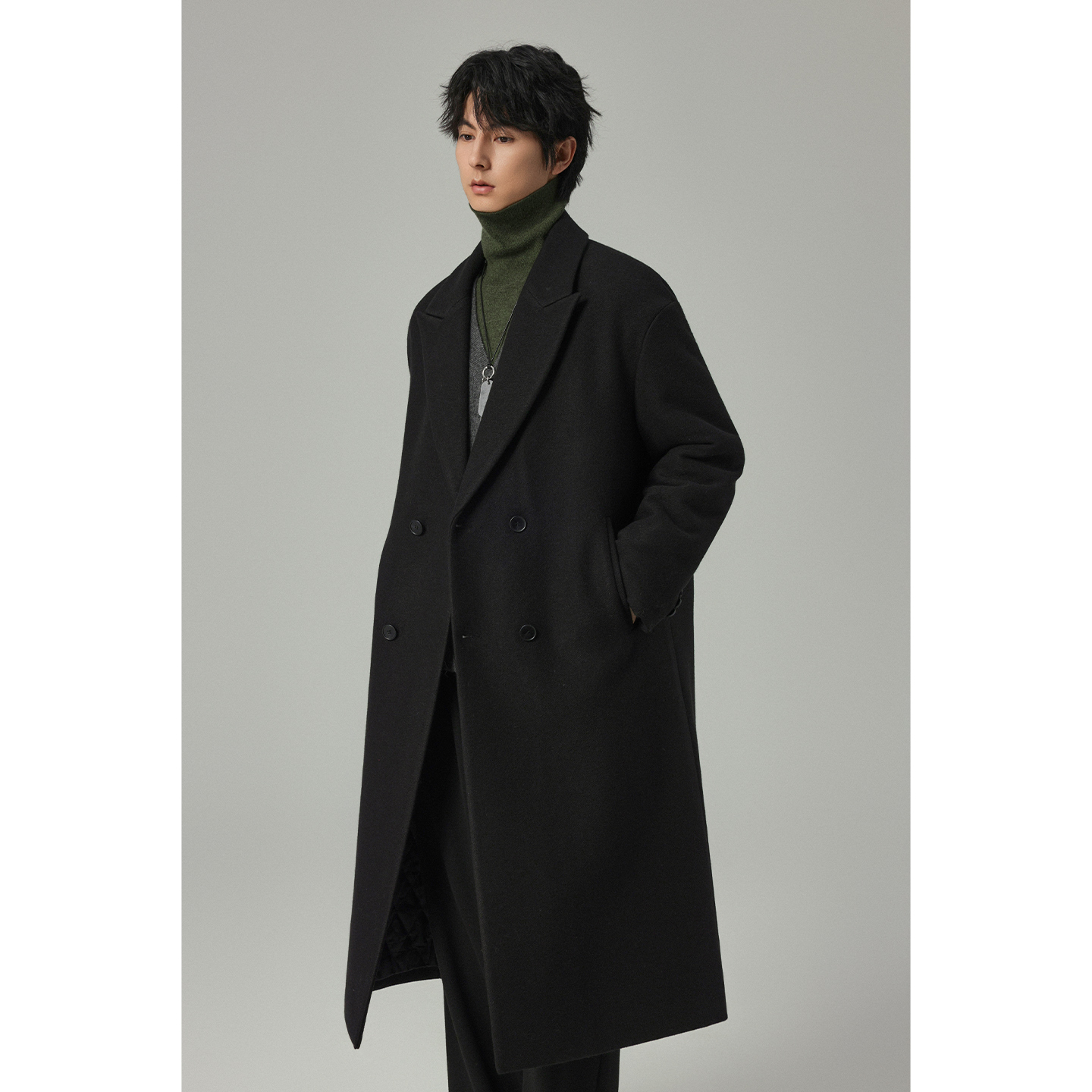 W2X高级感韩版男士冬季双面呢风衣 黑色中长款纯毛毛呢大衣外套