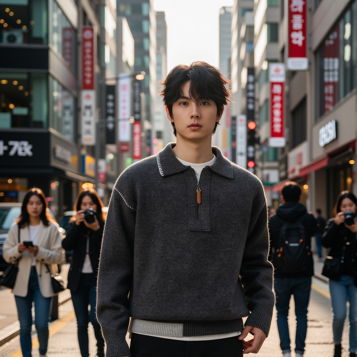 w2x美式复古羊毛针织衫假两件秋冬季男士上衣加厚毛衣半拉链内搭