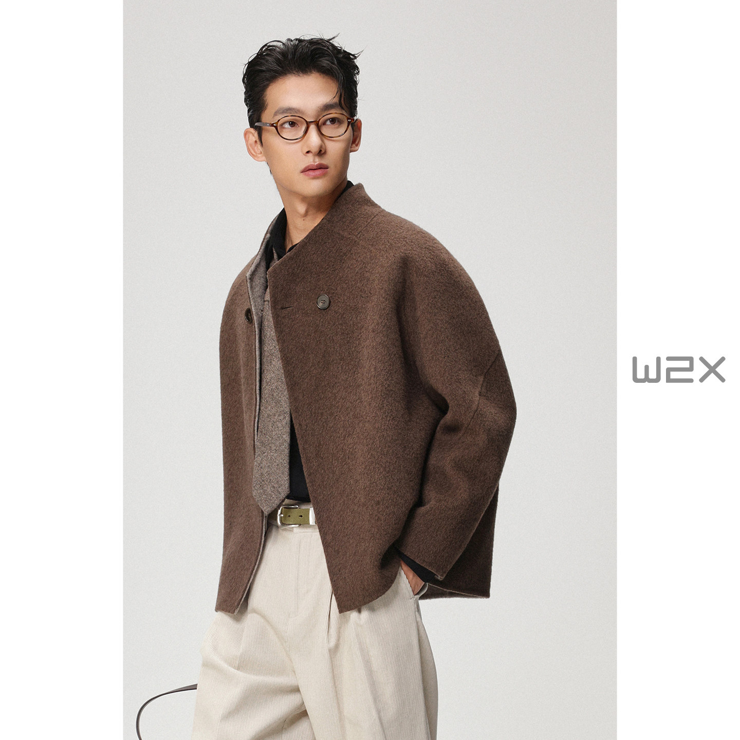 w2x2025冬季新款双面双色羊毛呢夹克外套男短款设计感休闲上衣潮