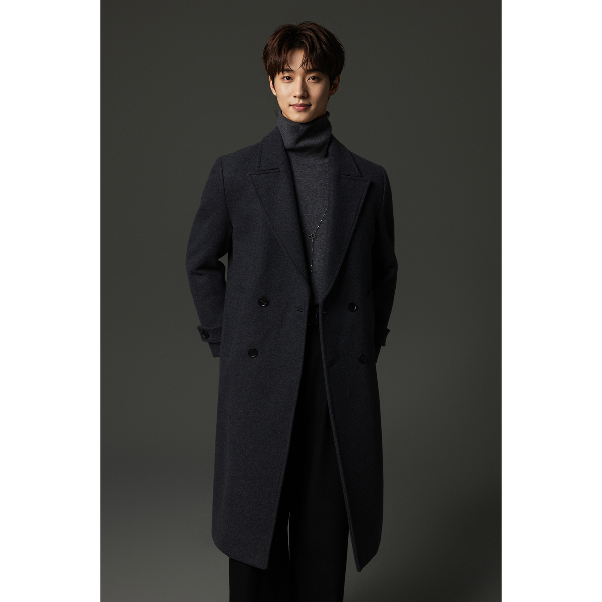 w2x加厚男式秋冬款纯毛双排扣风衣 黑色中长款呢子大衣外套爸爸装