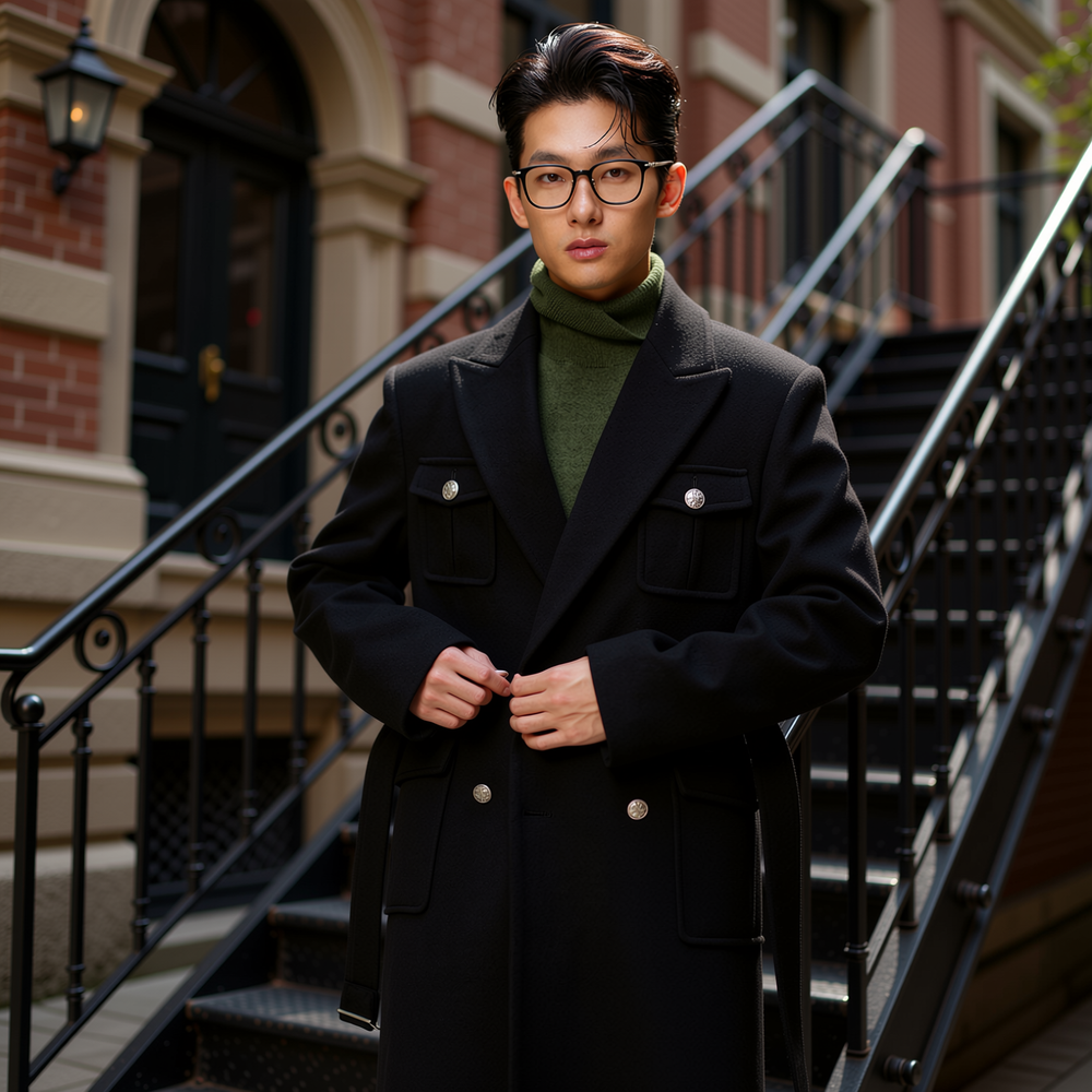 w2x轻奢秋冬季双面呢子大衣男士冬装中长款风衣西装毛呢外套加厚