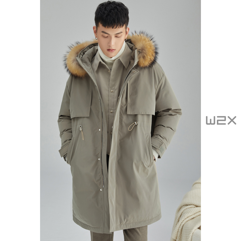 重磅毛领羽绒服男中长款派克服