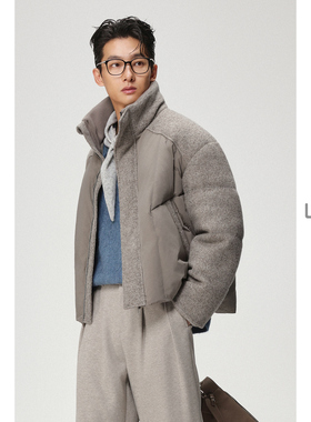 w2x2025冬季新款加厚羊毛拼接短款羽绒服男高级感夹克面包服外套