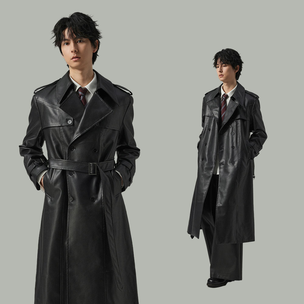 w2x青春流行男士风衣外套春秋季高级PU皮衣男双排扣长款大衣男装