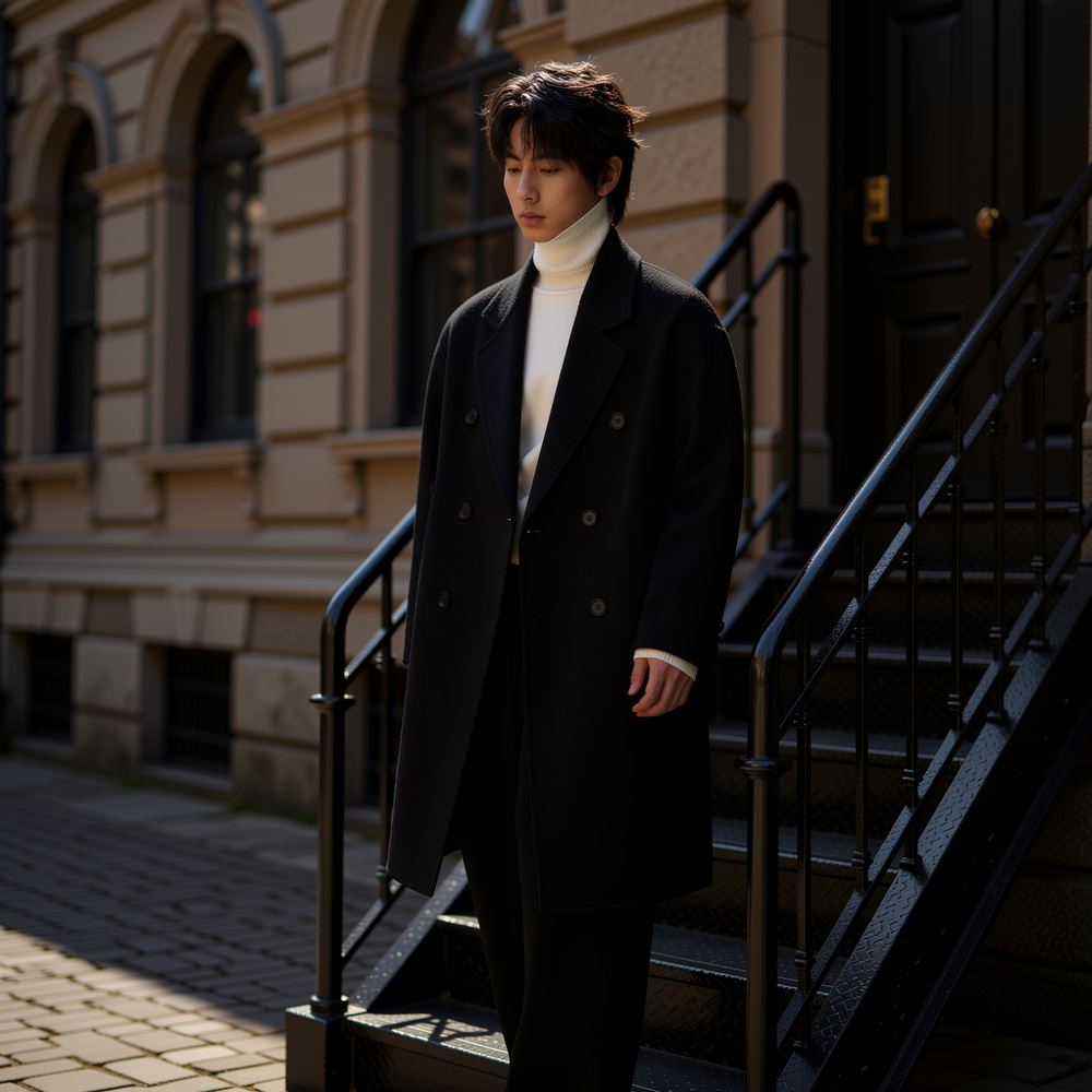 w2x秋冬季简约羊毛呢大衣加厚新款流行风衣中长款双面呢男装外套