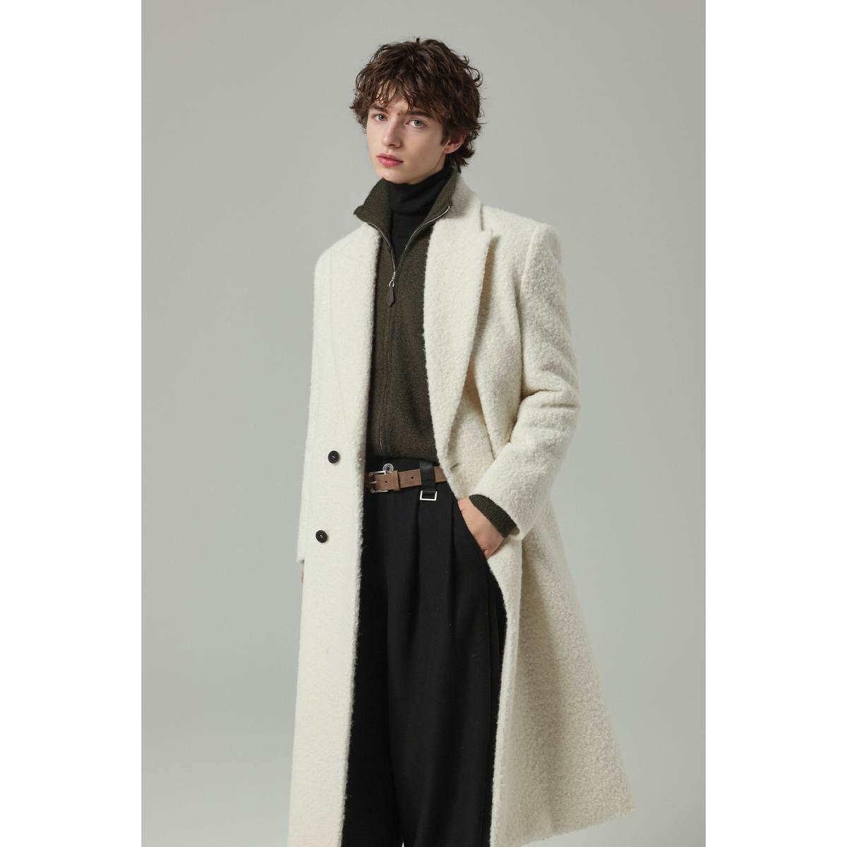 w2x纯色毛呢大衣毛绒呢子外套冬季加厚款中长款过膝风衣男士西装