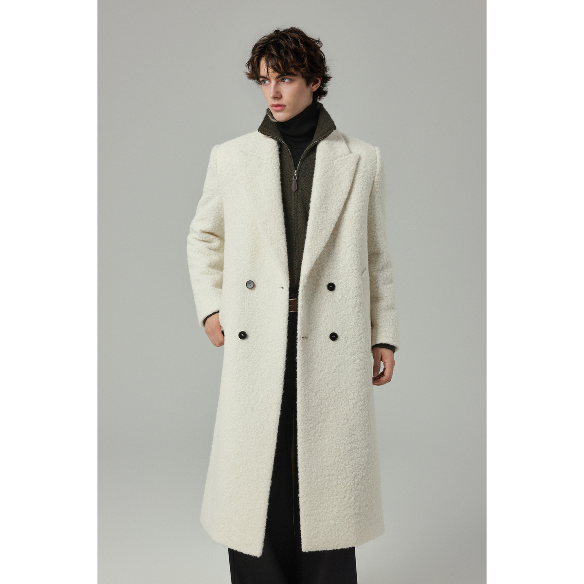 w2x高端毛绒呢子外套冬季毛呢大衣加厚中长款风衣男装双排扣宽松