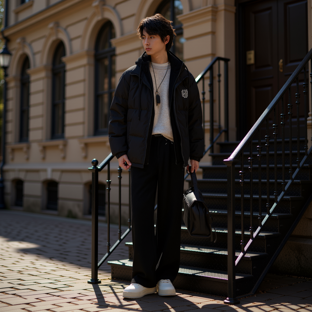 w2x冬季青年白鸭绒羽绒服假两件新款加厚连帽外套冬装超好看男装