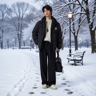 痞帅加厚情侣连帽外套男冬装 w2x高街白鸭绒羽绒服假两件冬季 新款