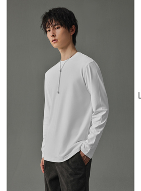 w2x2025秋季双面碳素磨绒设计圆领长袖T恤男纯色体恤青年打底衫潮