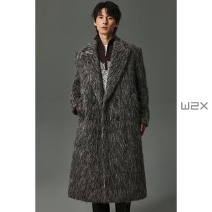 w2x2025冬季重磅枪驳领加厚水波纹马海毛羊毛呢大衣男中长款外套