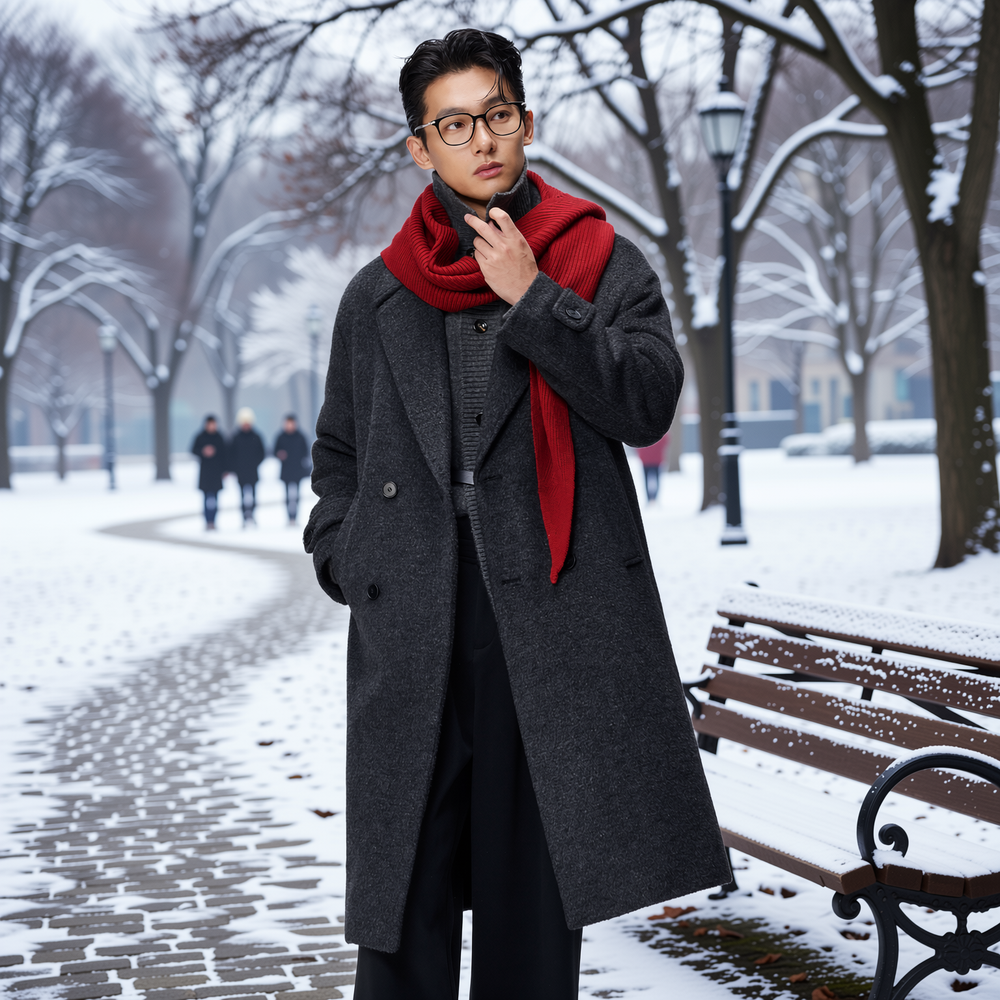 w2x秋冬季双面羊毛大衣宽松男士中长款风衣冬装时尚呢子西装外套