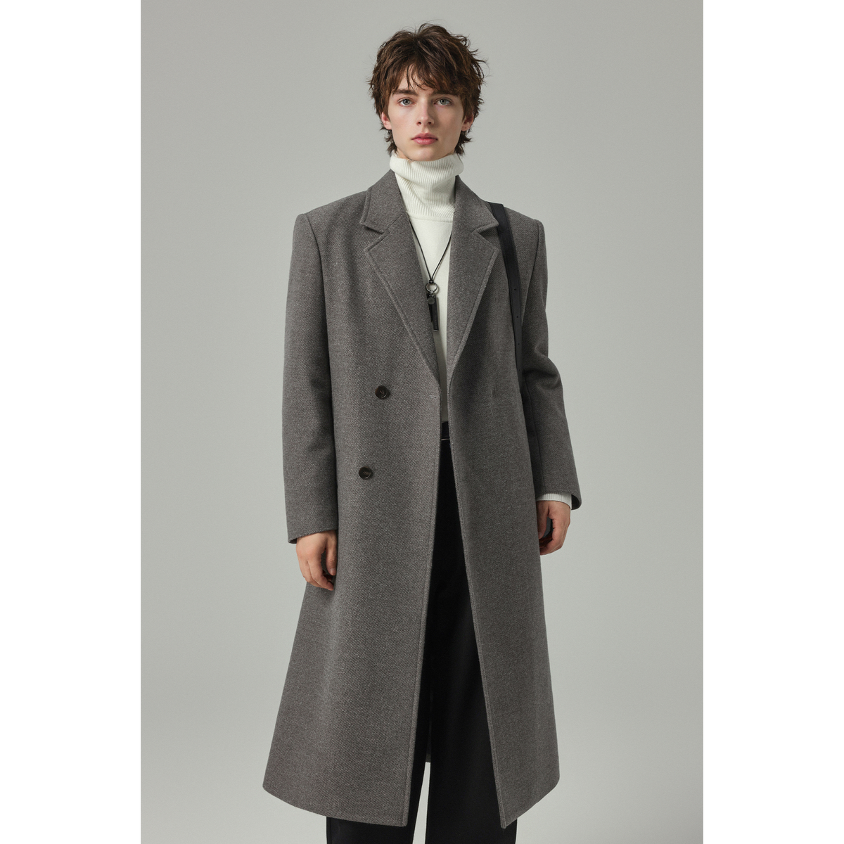 W2X高端韩版男式秋冬款风衣 黑色牛角扣纯毛双面呢呢子大衣外套