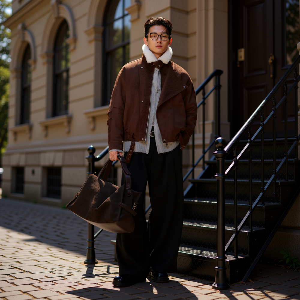 w2x麂皮绒外套轻奢冬季毛毛领工装短款冬装棉服夹克男装加厚保暖