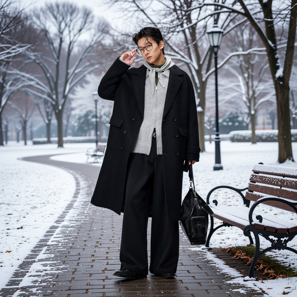 w2x气质秋冬季针织羊毛呢外套男士中长款风衣加厚双面呢大衣西装