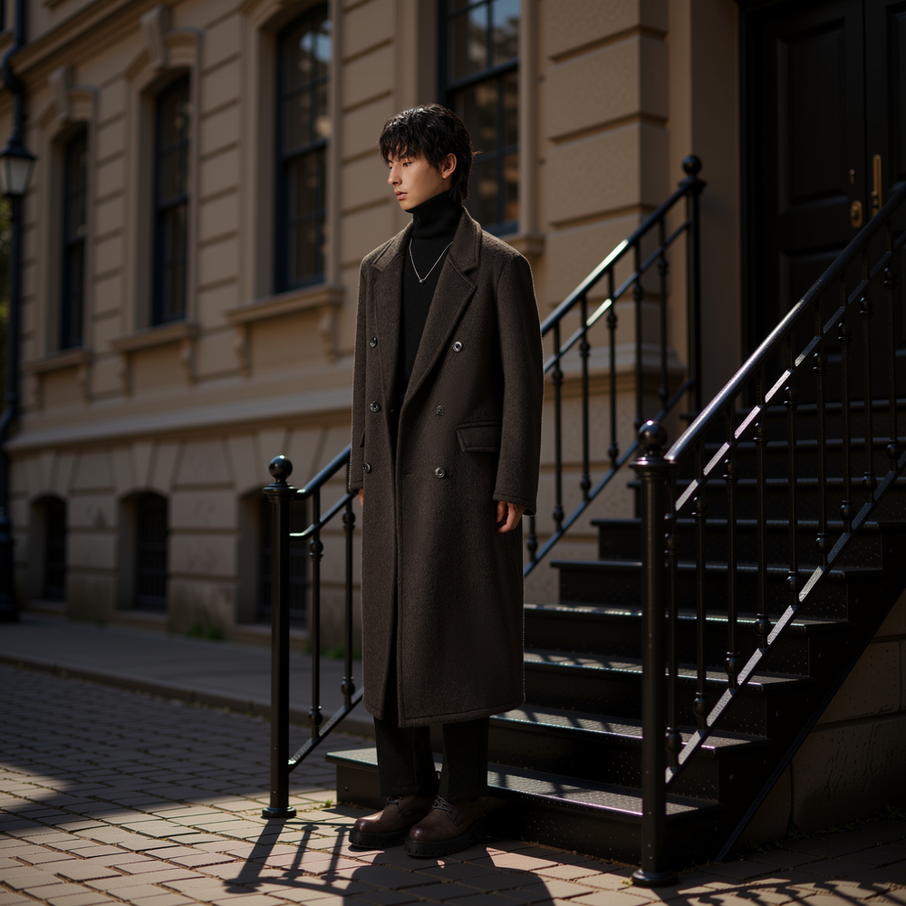 w2x秋冬季羊毛呢大衣新款加厚双面呢商务西装中长款风衣外套男士