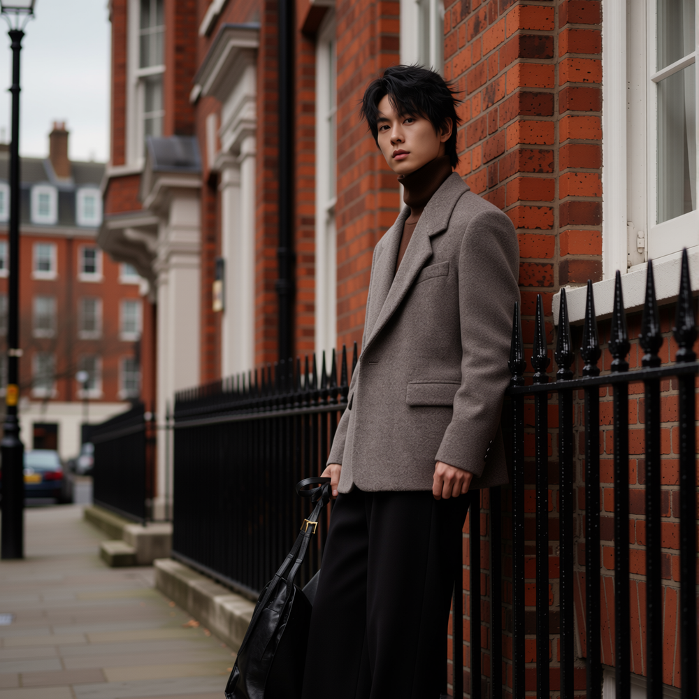 w2x冬季新款毛呢大衣外套加厚男装秋冬款西服保暖休闲西装男百搭