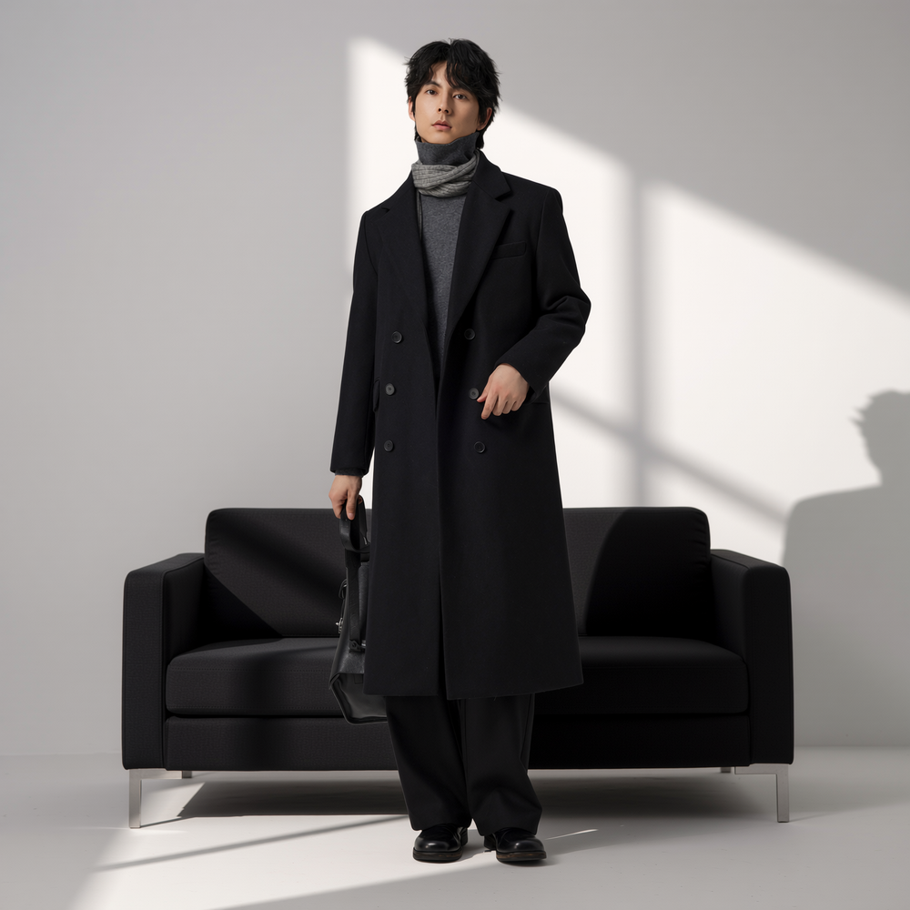 w2x日系秋冬季羊毛呢大衣男士双面呢冬装外套加厚西装风衣中长款