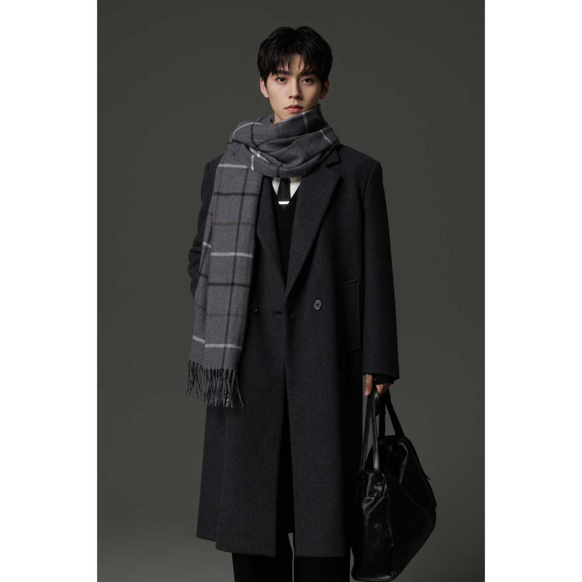 w2x秋冬季男款黑色大衣巴尔马肯羊毛风衣外套双面呢牛角扣呢子高