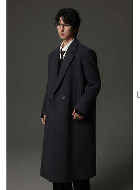 w2x冬季加厚双排扣平驳领垫肩款羊毛呢子大衣男长款过膝风衣外套