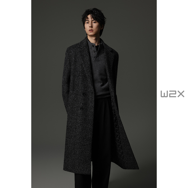 双排扣平驳领绵羊毛呢子大衣男