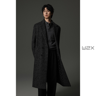w2x冬季 高级感休闲外套 加厚双排扣平驳领绵羊毛呢子大衣男中长款