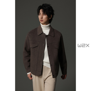 w2x秋冬季 休闲外套青年上衣 950g双面羊毛呢夹克宽松落肩翻领短款