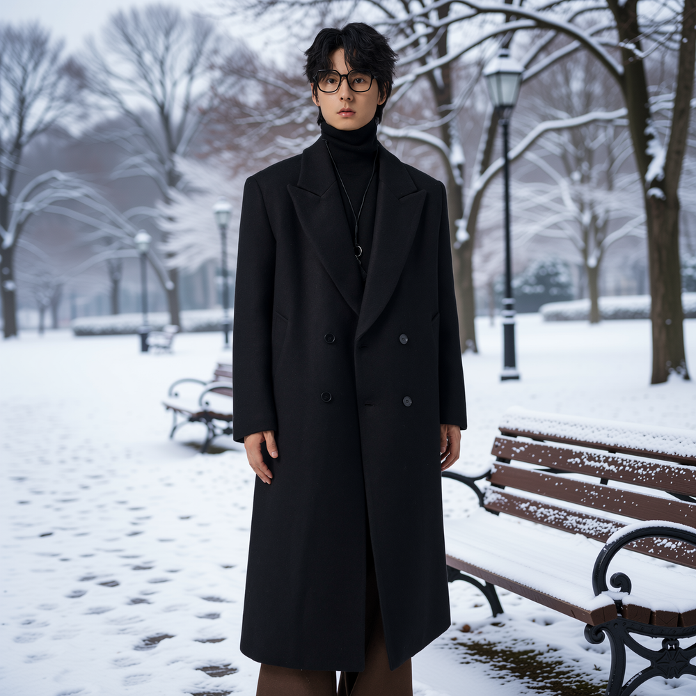 w2x毛呢大衣英伦复古秋冬季加厚中长款风衣冬装呢子西装外套男士