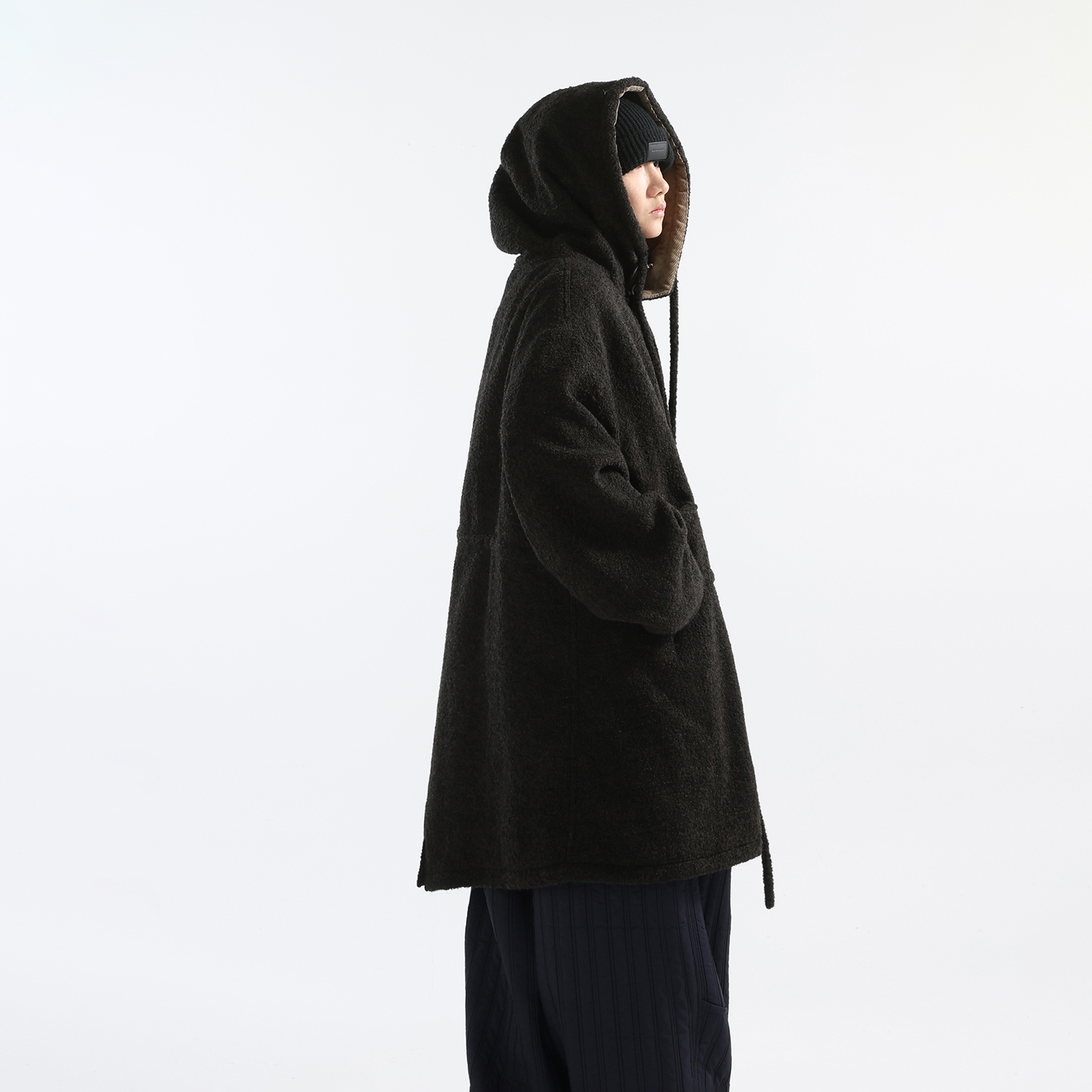 大廓形中长款连帽羊毛呢大衣外套